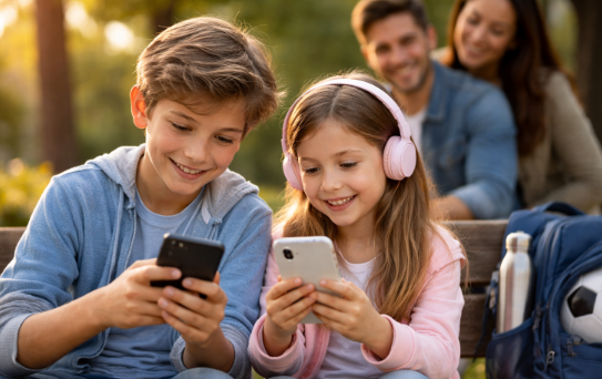 En dreng og pige sidder og kigger på mobil med forældre i baggrunden - mobilabonnement til børn