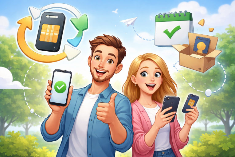 Mand og kvinde skifter mobilabonnement - tegnet version