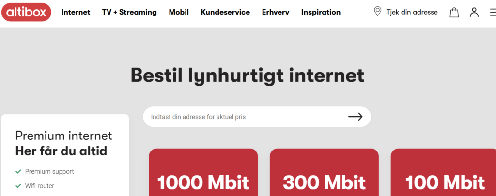 Forside af Altibox hjemmeside