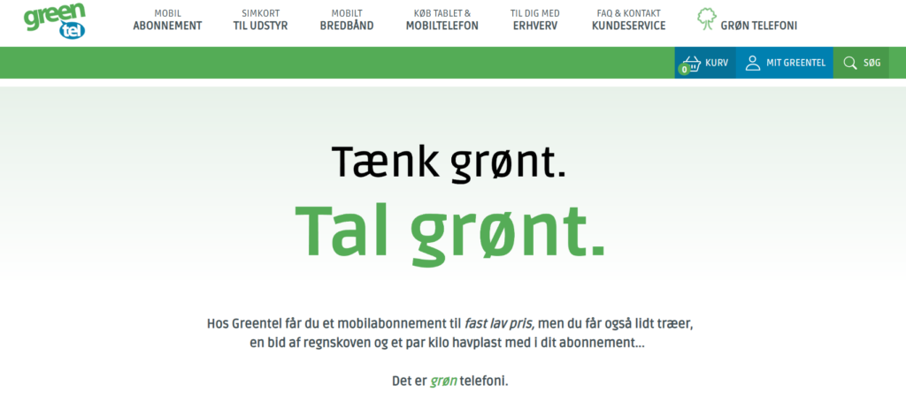 Forside af Greentels hjemmeside