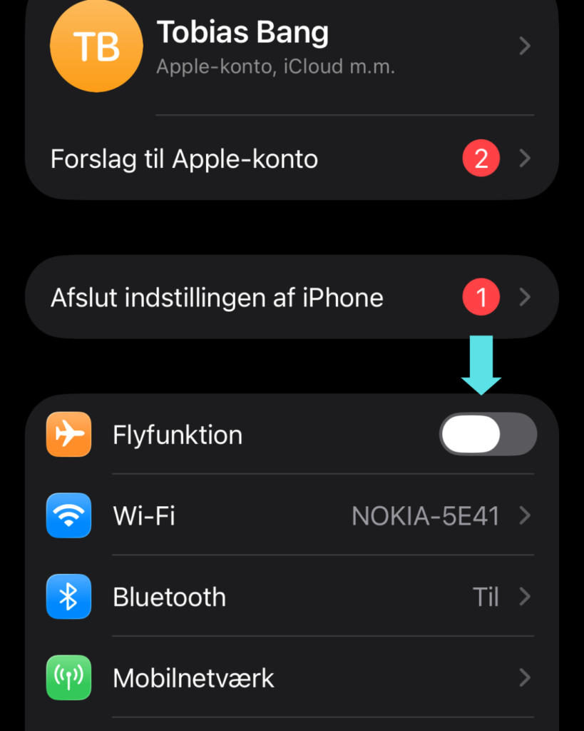 Flytilstand under indstillinger iPhone